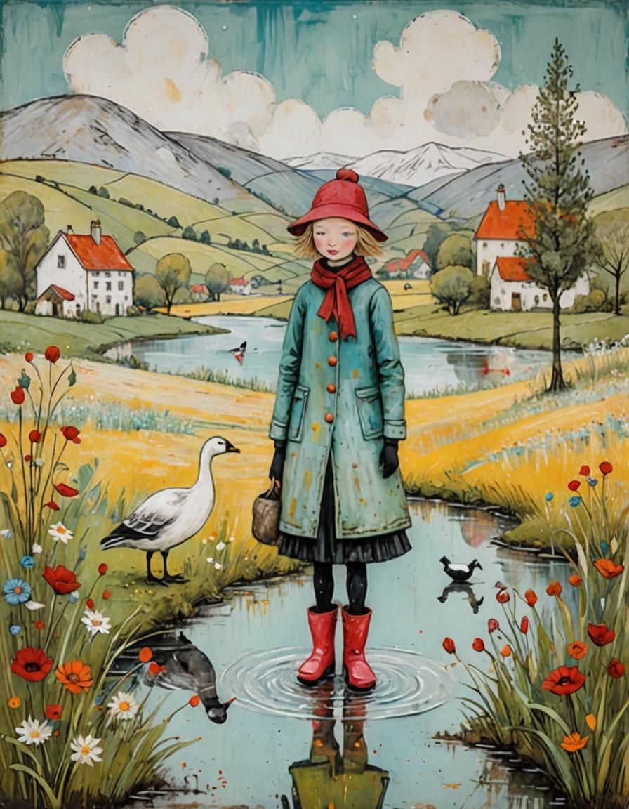 Whimsical Landscape with Girl and Goose in Encaustic Style