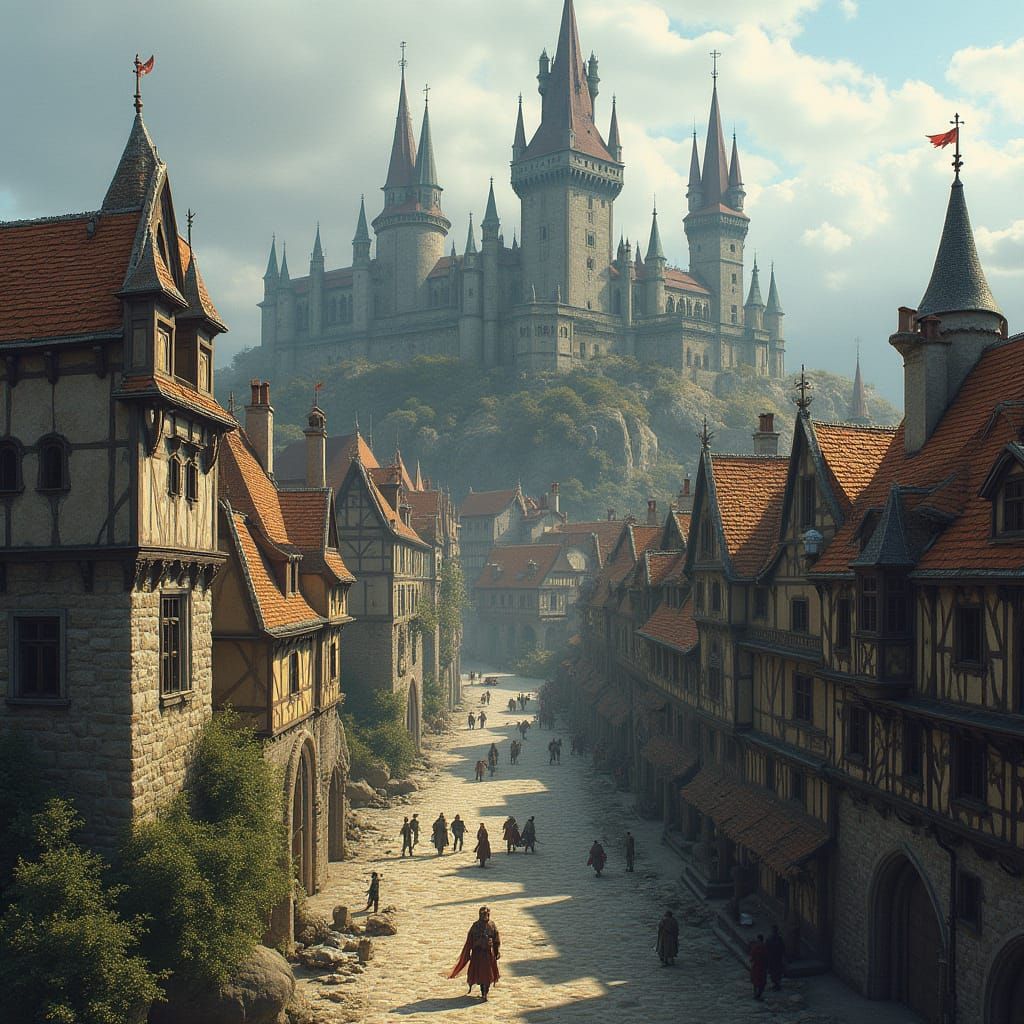 Bustling Medieval City with Gothic Spires
