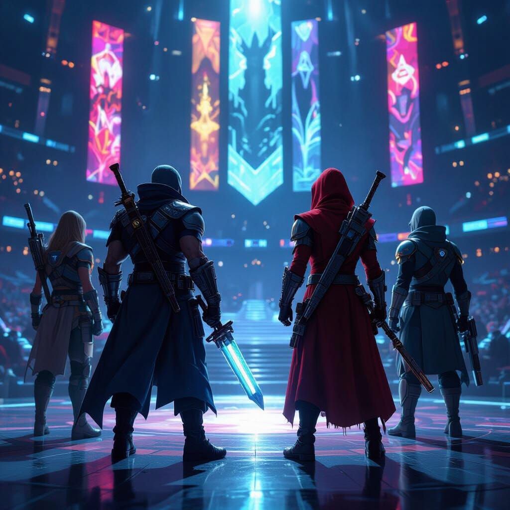 Gaming Icons Unite in a Futuristic Arena, Oil Painting