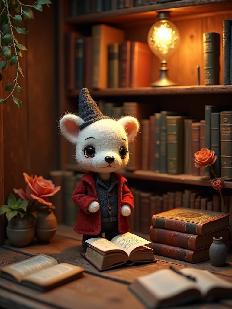 Cozy Bookroom Diorama in Whimsical Textile Style