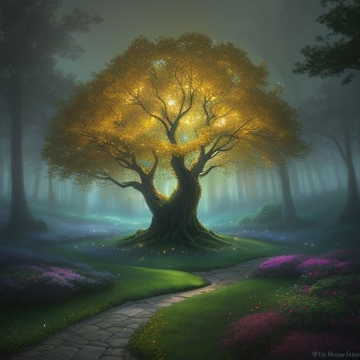 Mystical Tree on Misty Island in Kinkade Style