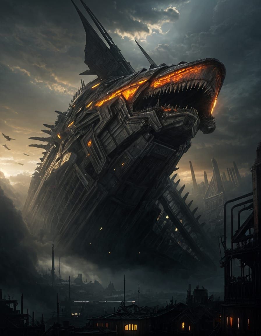 Mechanical Leviathan Rising in Dystopian Landscape