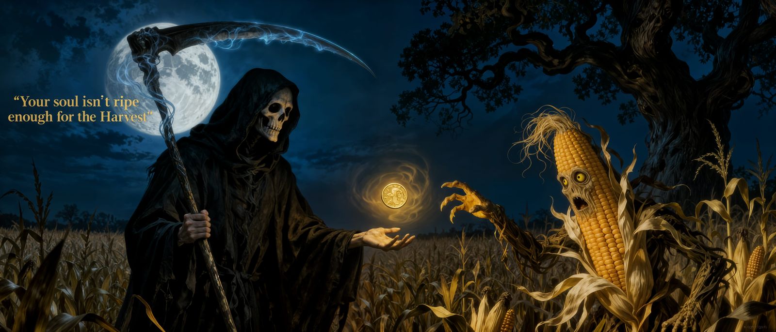 Grim Reaper Offers Coin to Surprised Corn Monster