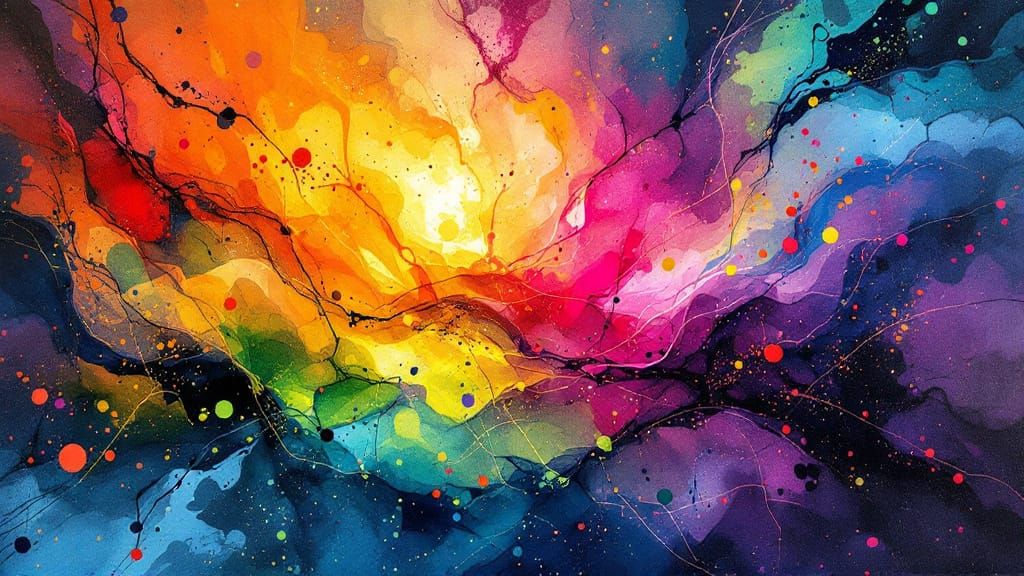 Iridescent Watercolors in Quantum Realm, Abstract Expression...