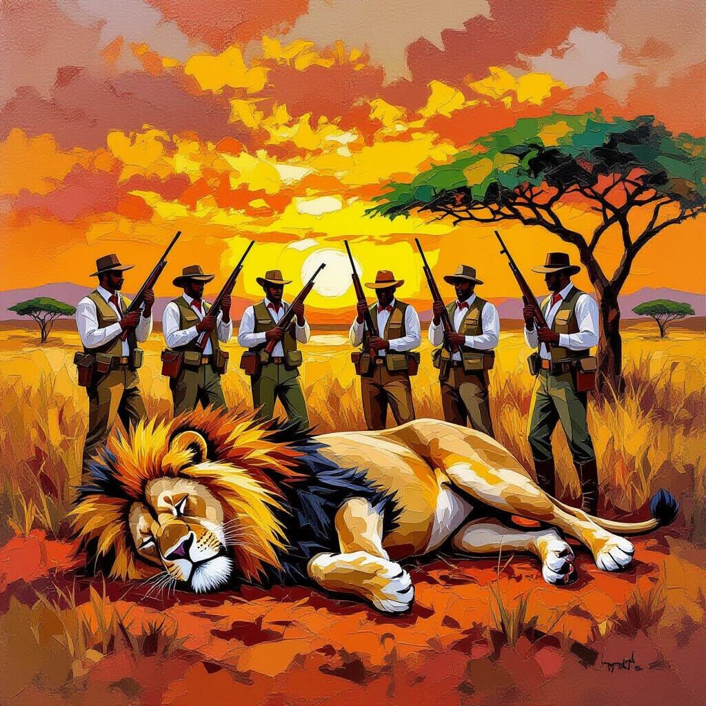 Majestic Lion Hunt Scene in Abstract Impasto Style