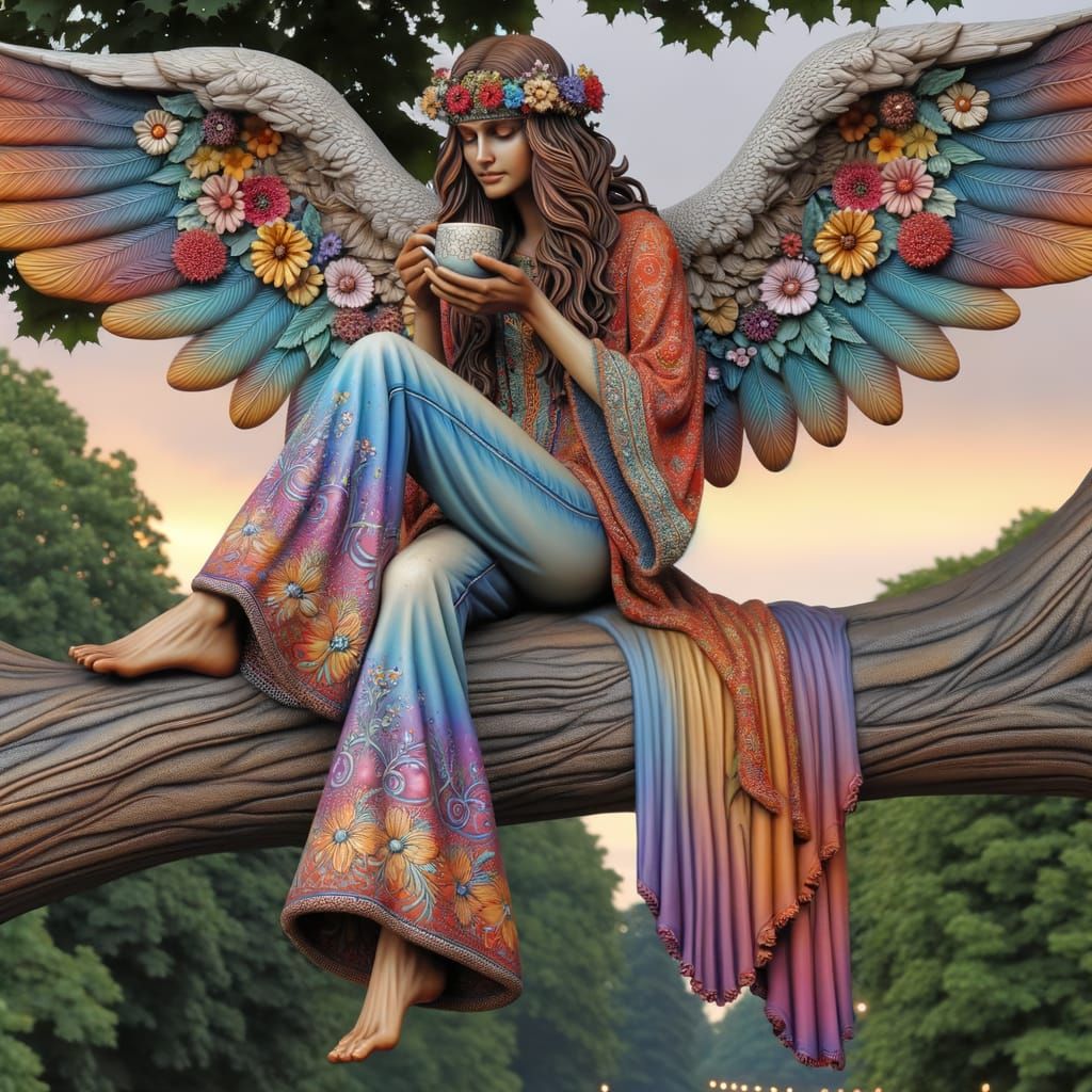 Hippie Angel Sipping Coffee at Sunrise