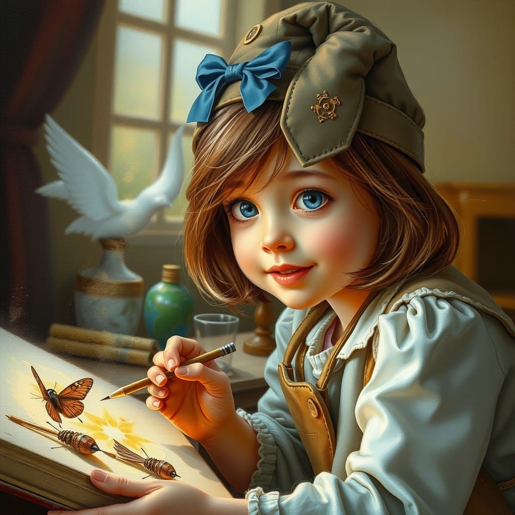 portrait, painter, children's storybook coming to life, light dust, Rhads, Atelier, intricately detailed, artyom chebokh...