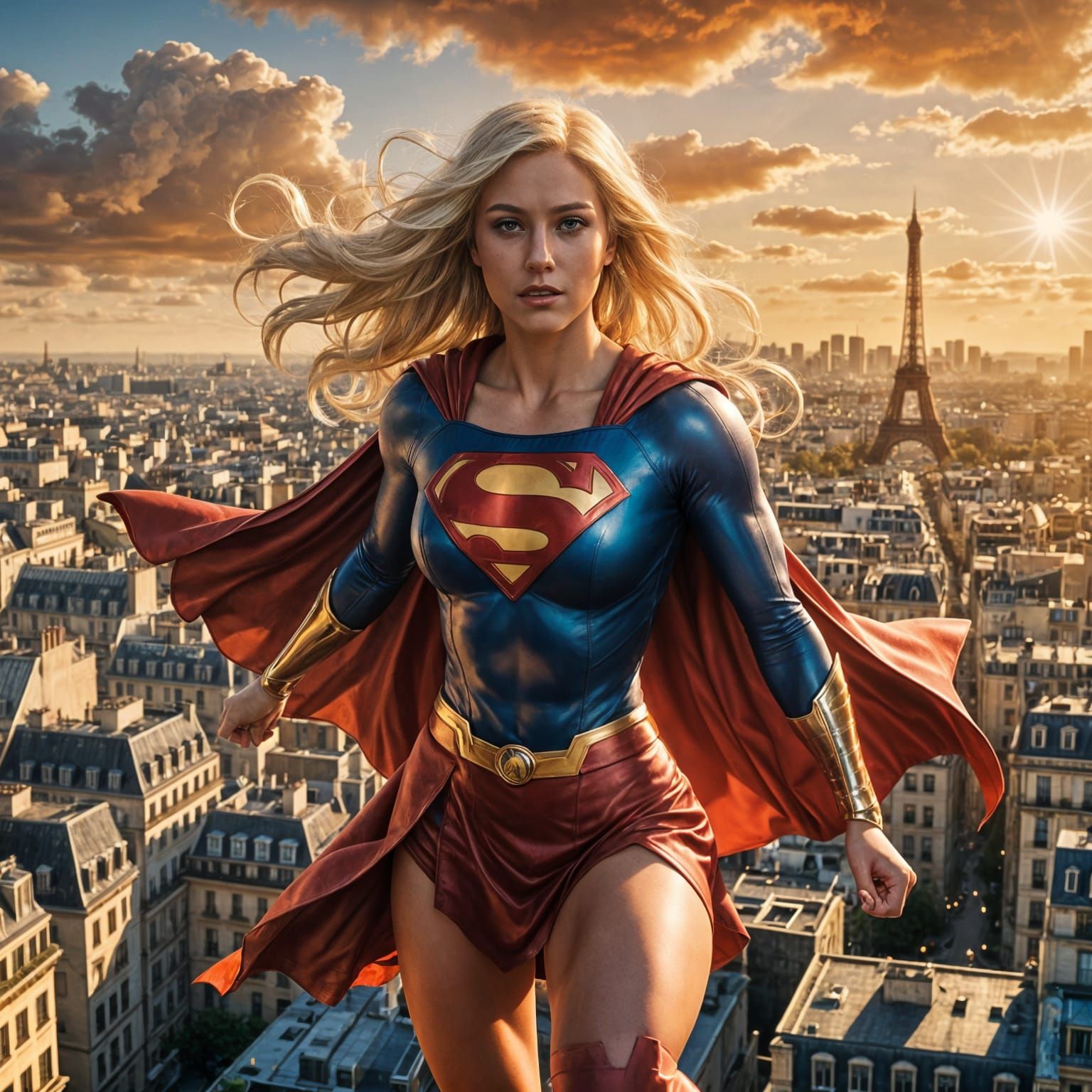 Superheroine in Flight above Parisian Cityscape