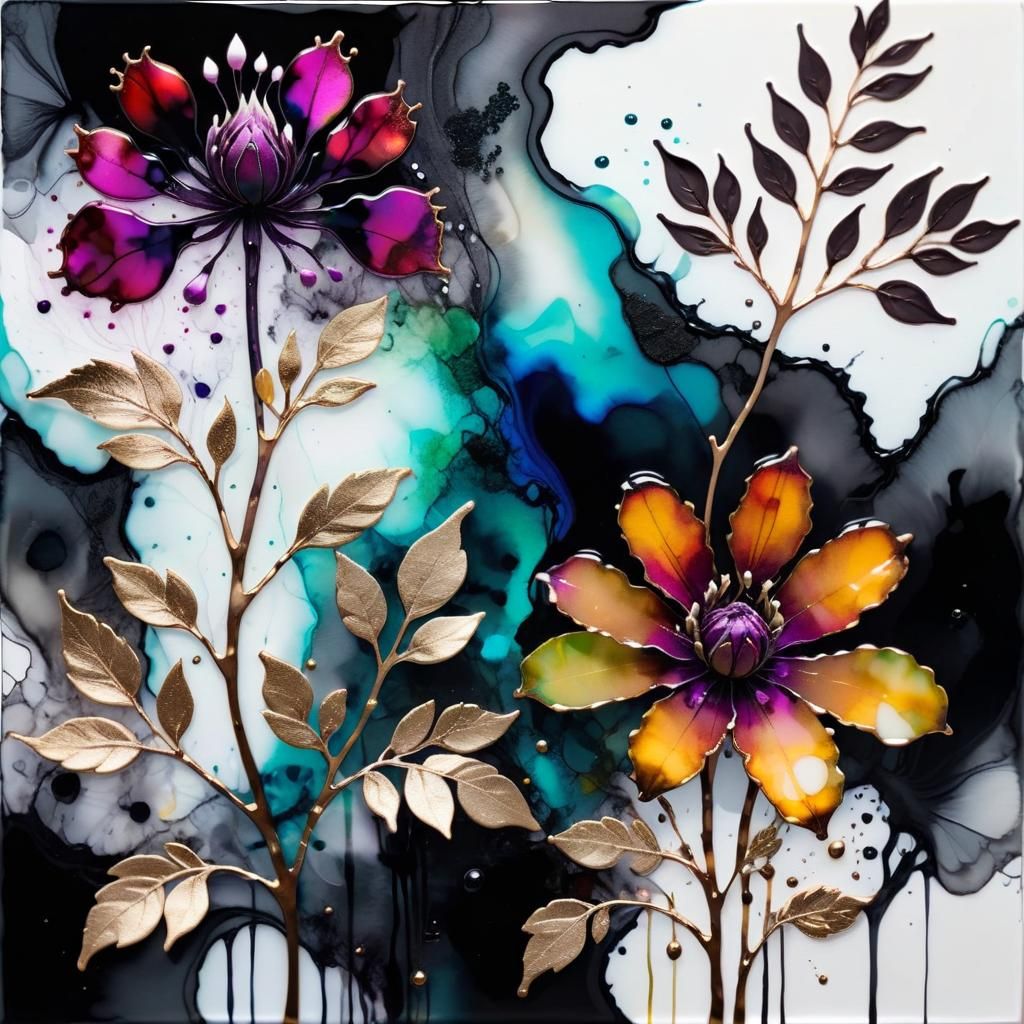 Monochrome Alcohol Ink Surrealism with Mythical Creatures