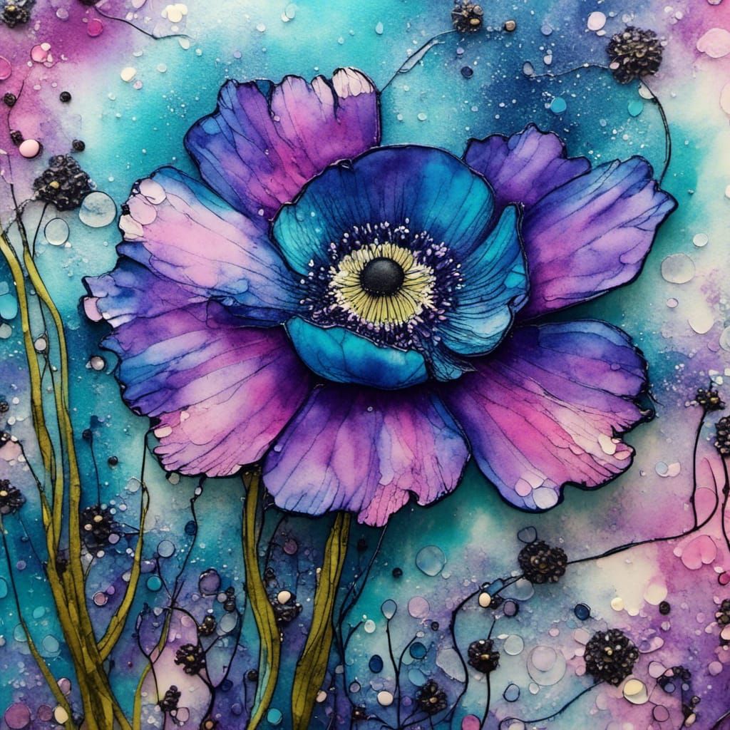 alcohol ink blue anemone flower with contrasting black stamens, pink lavender abstract watercolor wet on wet background,...