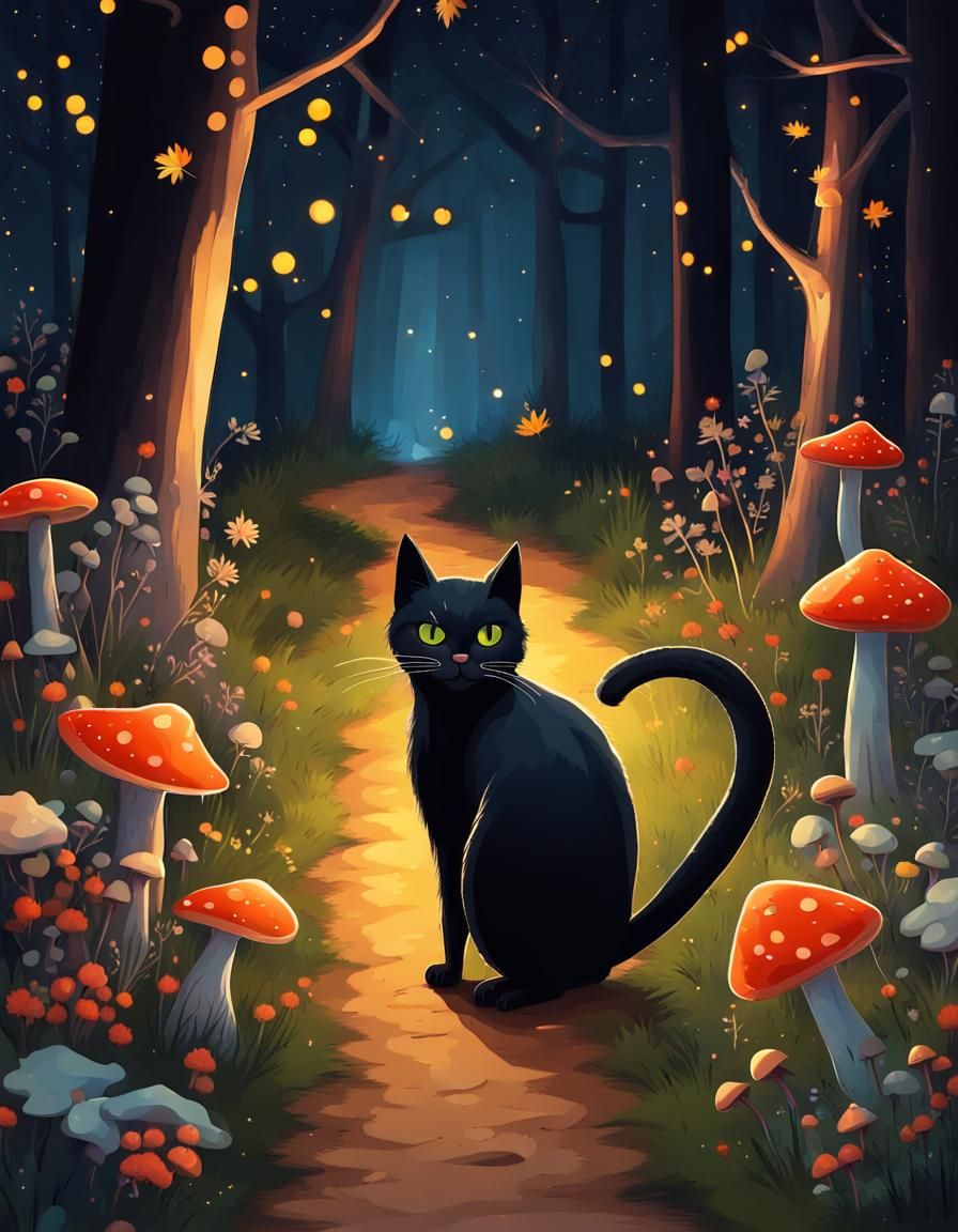 Black Cat Walks Forest Trail at Night