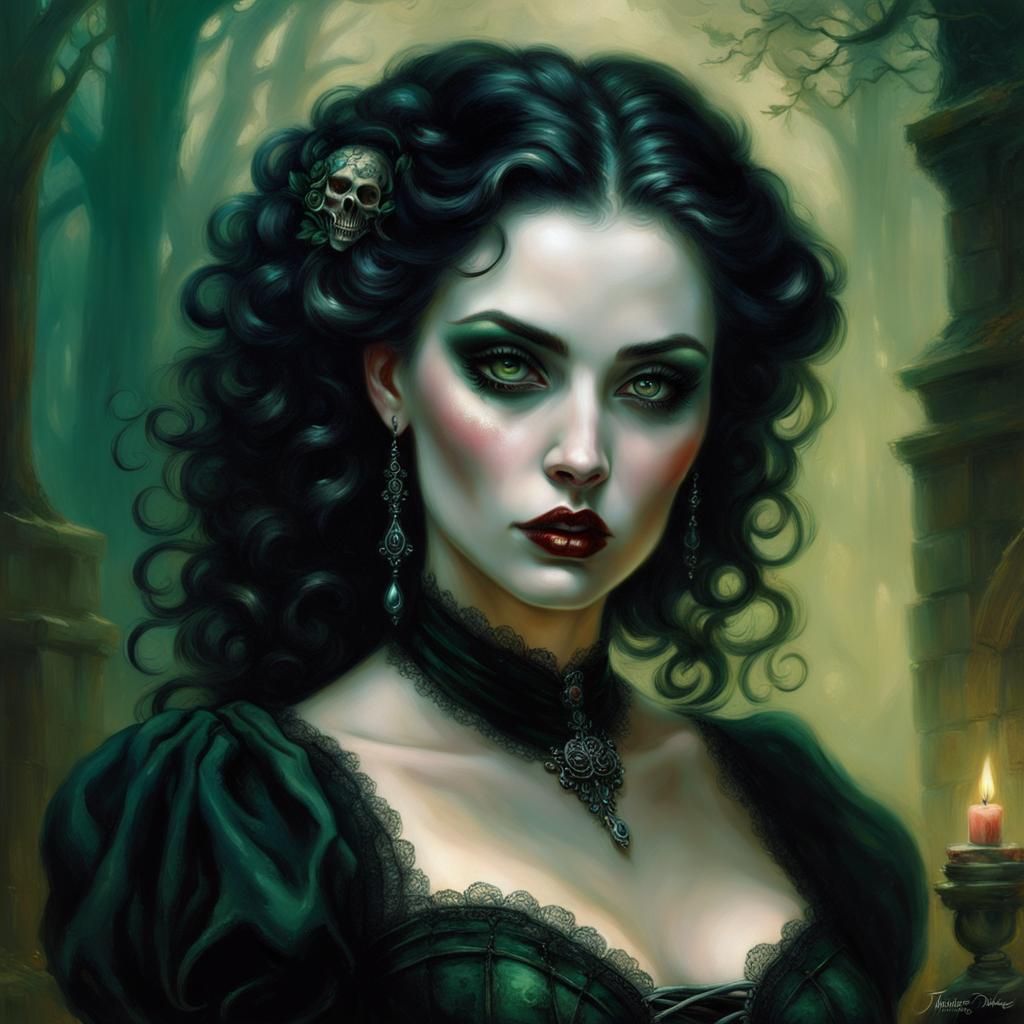 Gothic Woman with Green Eyes in Dark Velvet Dress