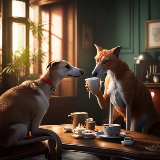 Greyhound and Ginger Cat Tea Party: Fantasy Art