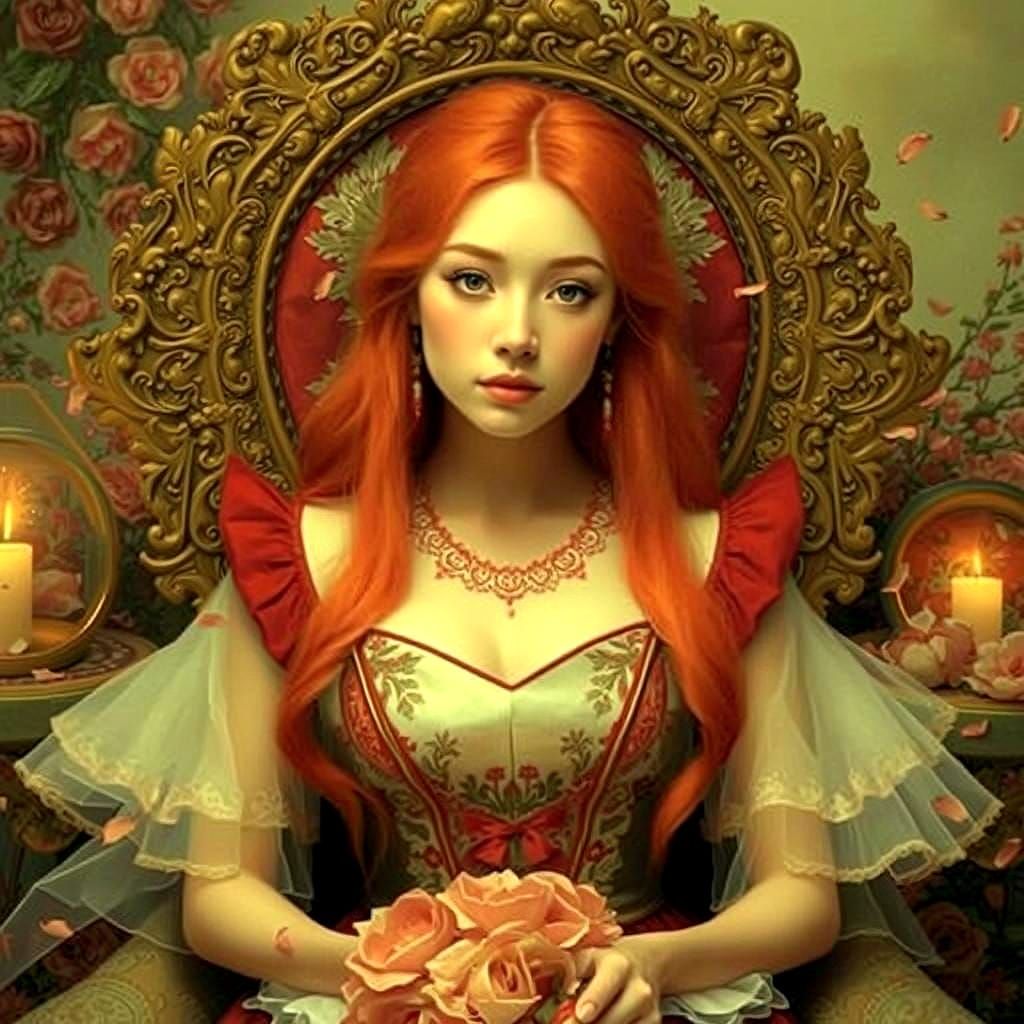 Ginger Woman in Crimson Dress Portrait