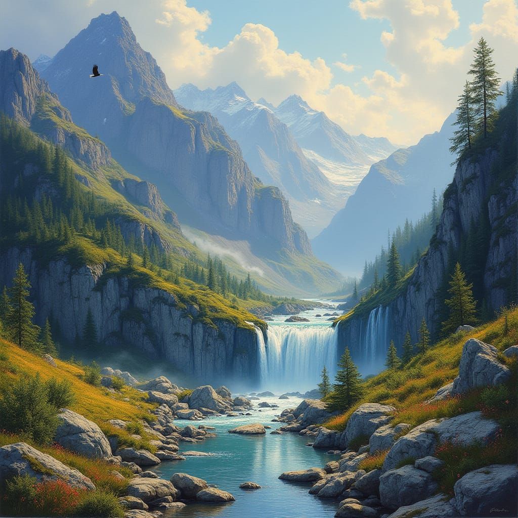 Alaskan Summer Mountain Panorama with Waterfalls