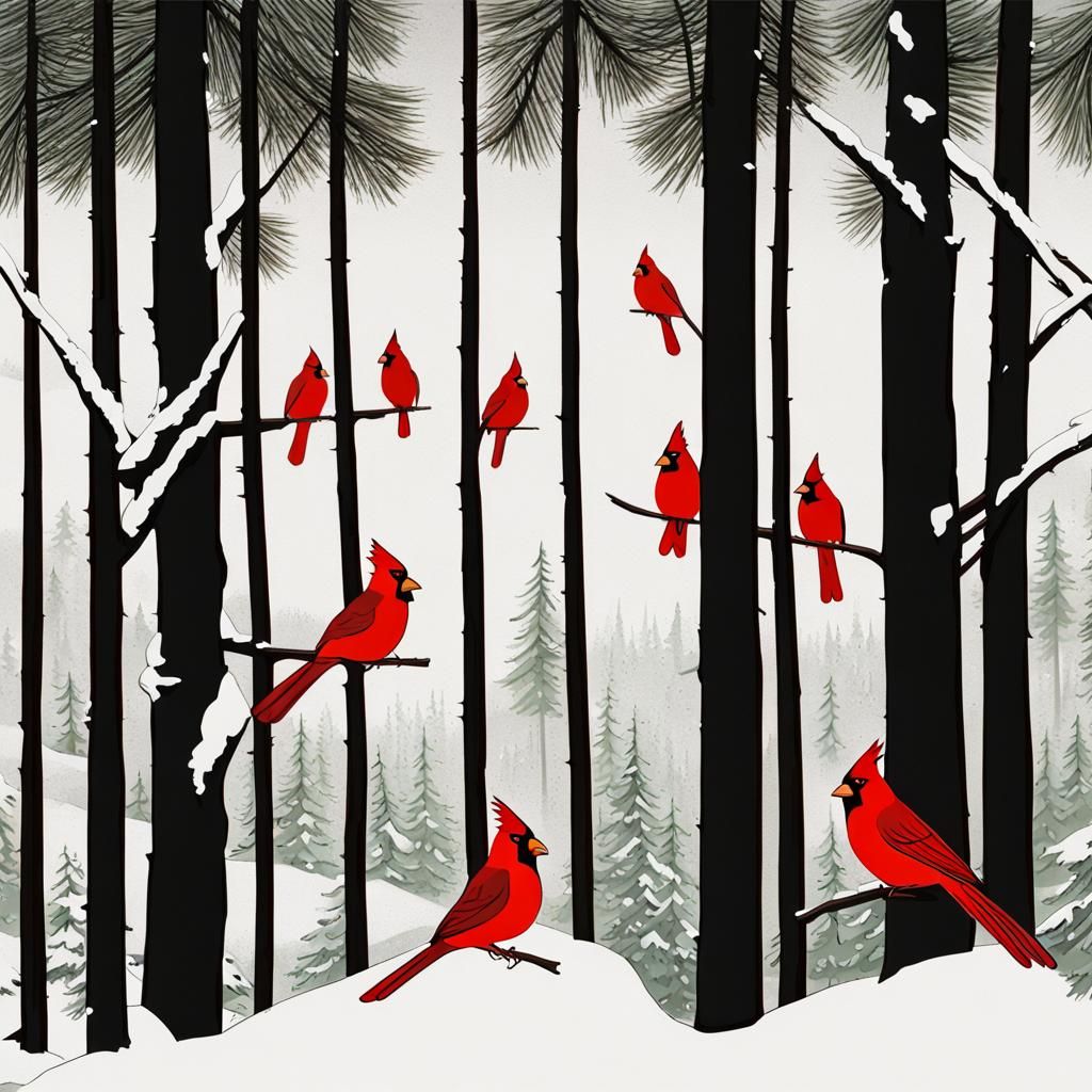 Cardinals in Snowy Pine Forest, Primitivism