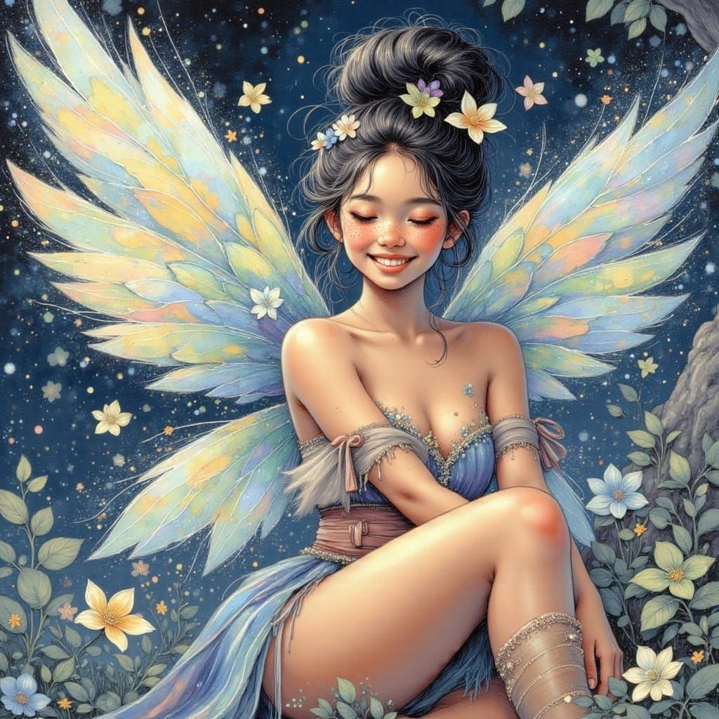 Surreal Glitter Fairy Dances Amongst Flowers
