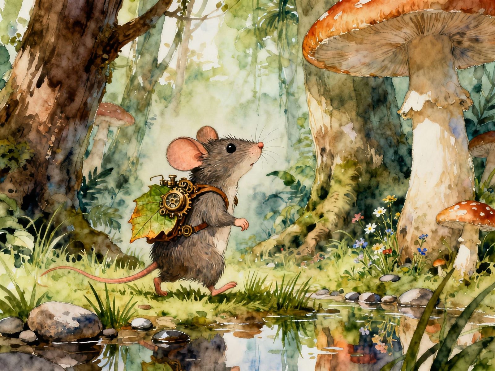 Whimsical Mouse Explores Magical Jungle with Leaf Backpack