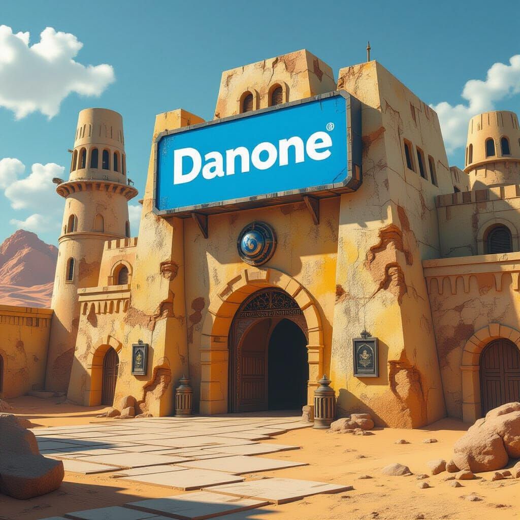 Jabba's Palace with Blue Danone Sign in Desert Light