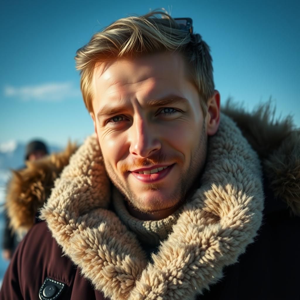 Handsome Man's Shy Smile on Bright Winter Day