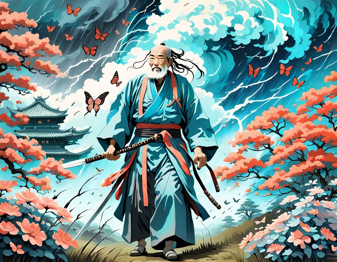 Japanese Warrior Observes Approaching Tornado Twister