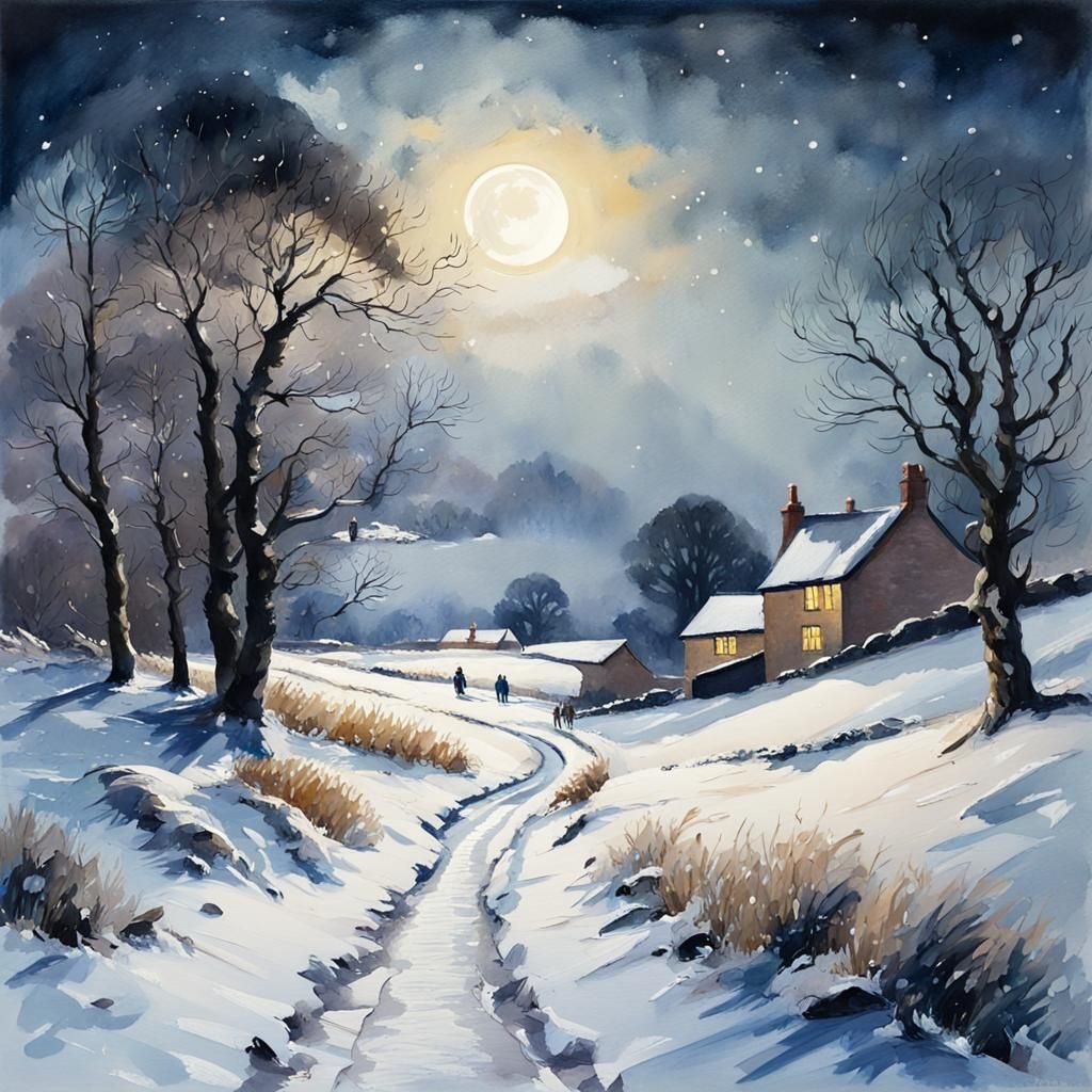 Winter Landscape in Gouache Style, Moonlight Glitters