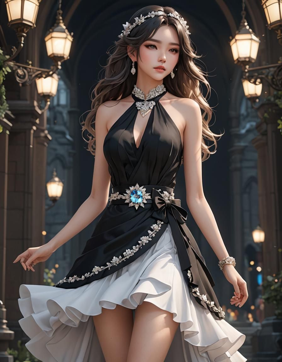 Anime Style Woman in Flowing Ruffle Dress