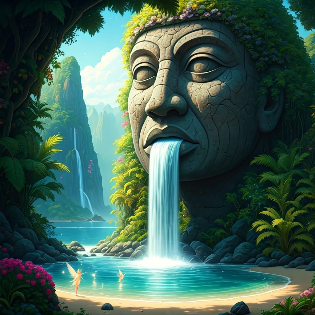 Waterfall Statue on Tropical Shore: Airbrushed Fantasy