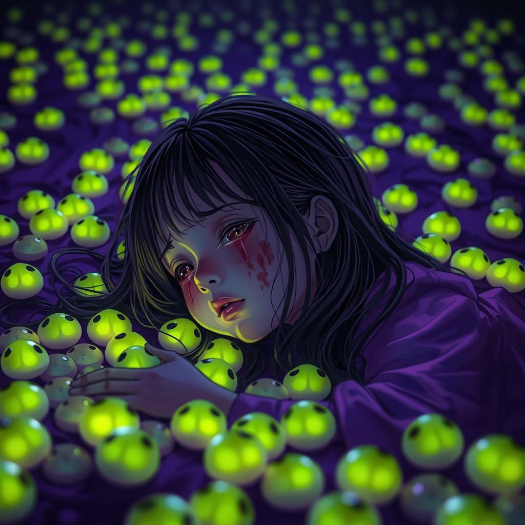 Weeping Girl Amidst Luminescent Frog Eggs in Anime Style