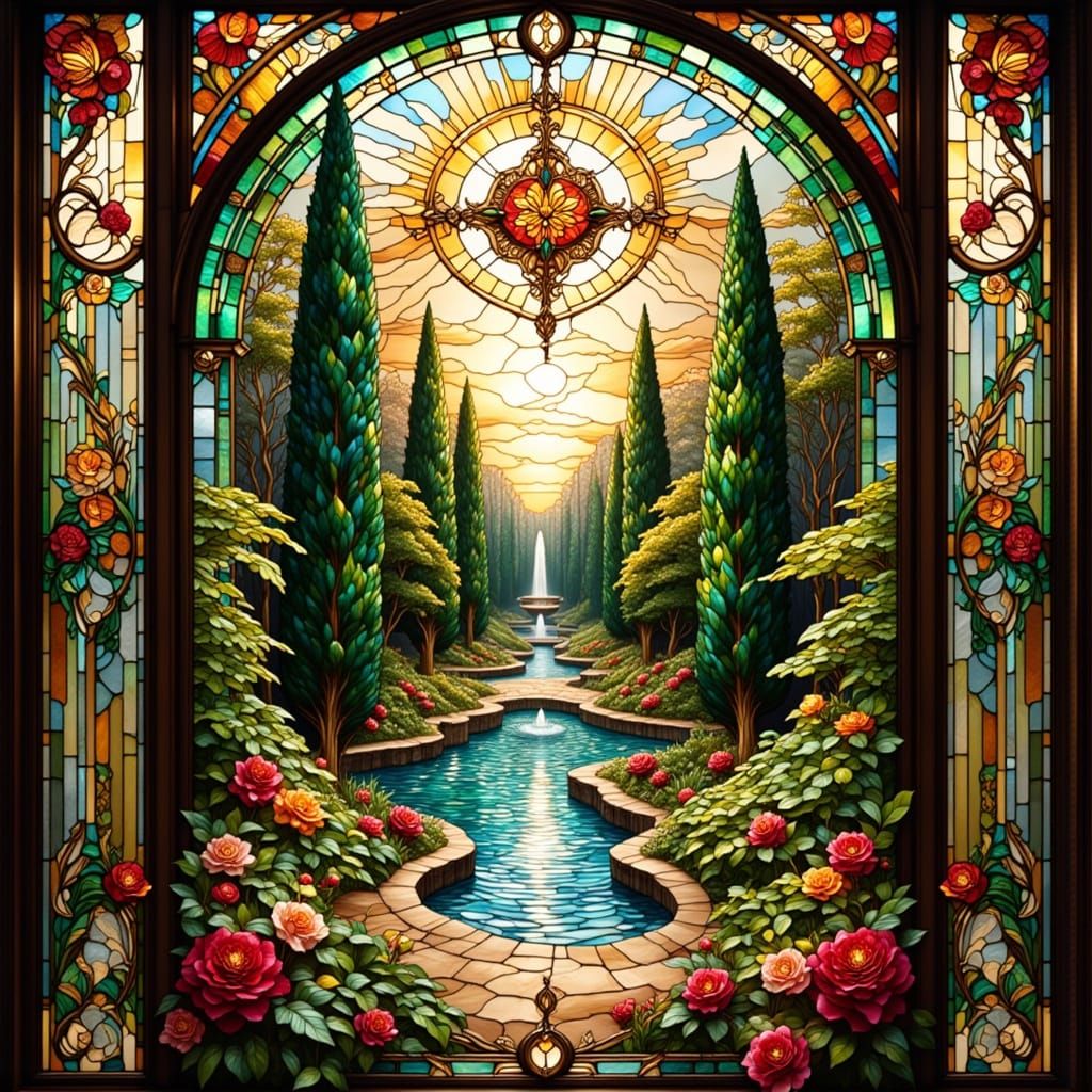 Art Nouveau Stained Glass Palace Garden