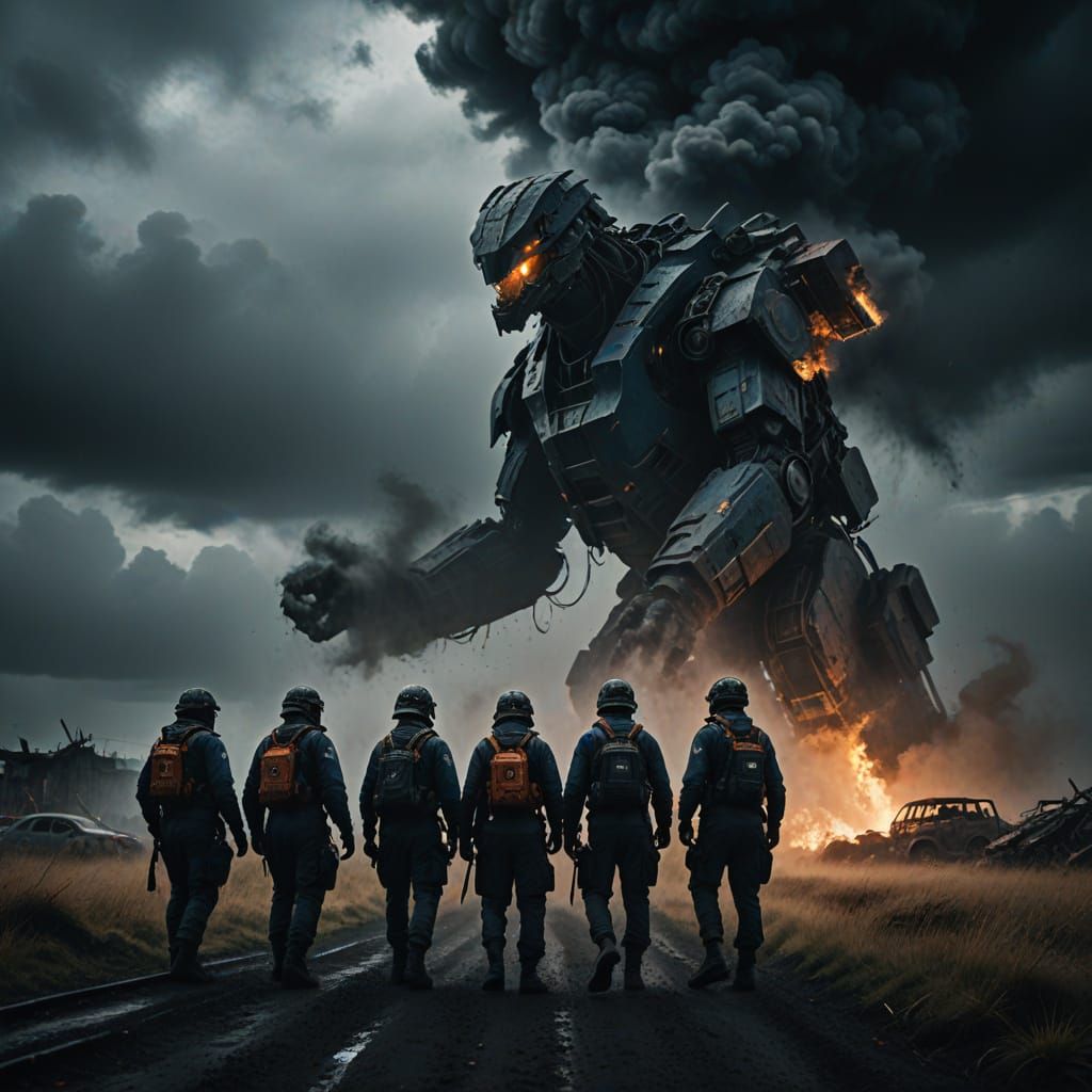 Cinematic Technisches Hilfswerk Team in Action Amidst Destru...