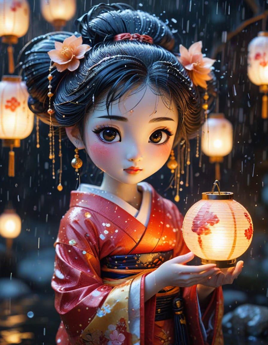 Chibi Geisha with Lantern in Watercolor Style