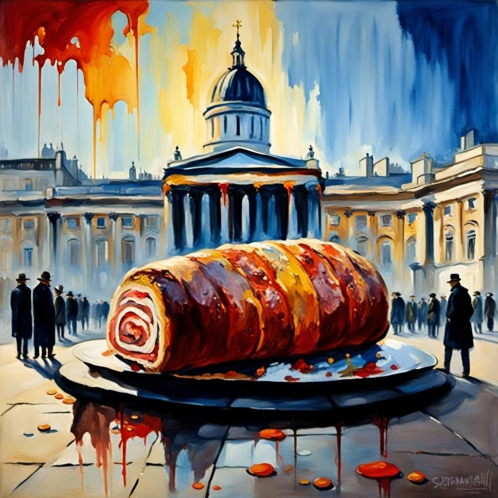 Giant Meat Roll in Trafalgar Square: Surreal Oil Painting