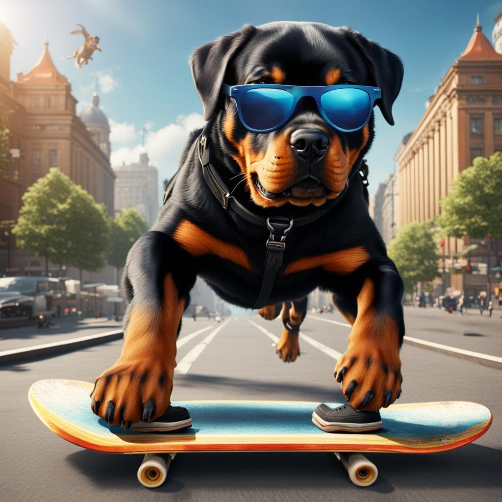 Rottweiler Skateboarding in the City