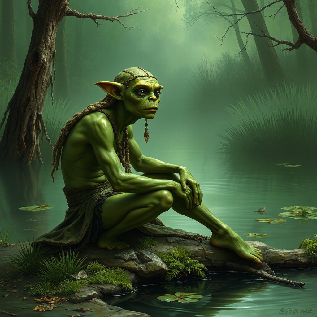 Fantasy Swampfolk Sitting by Pond in Green Hues