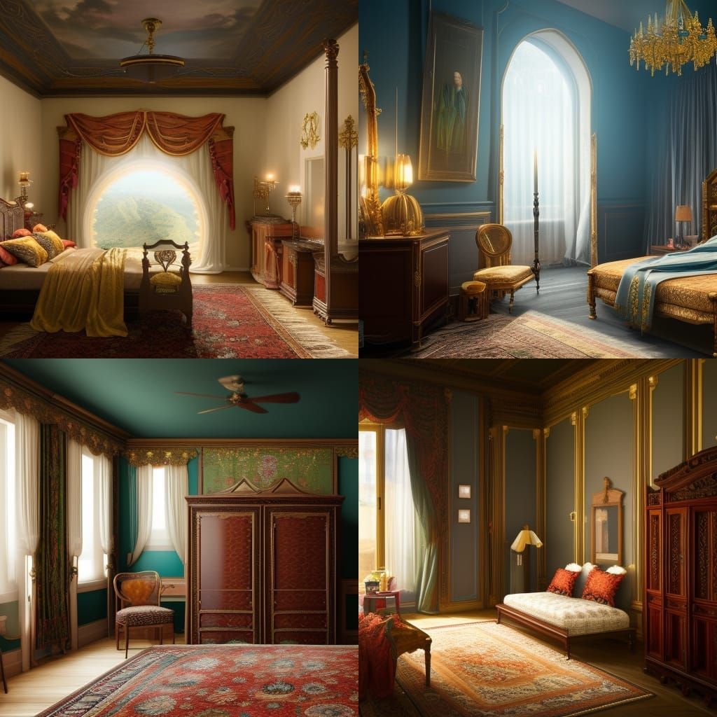 Woman with Umbrella in Bedroom: Matte Painting