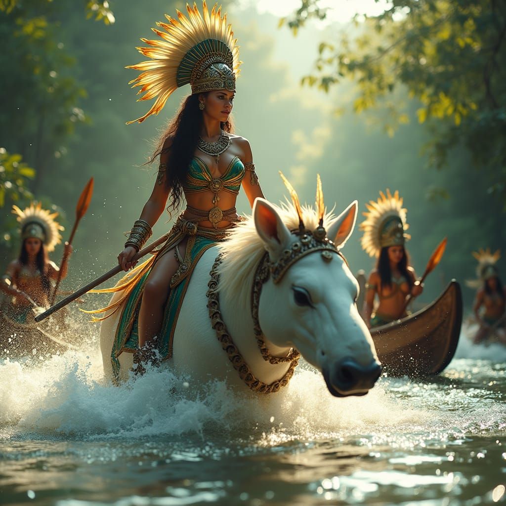 Regal Woman Rides Tapir in South American Landscape