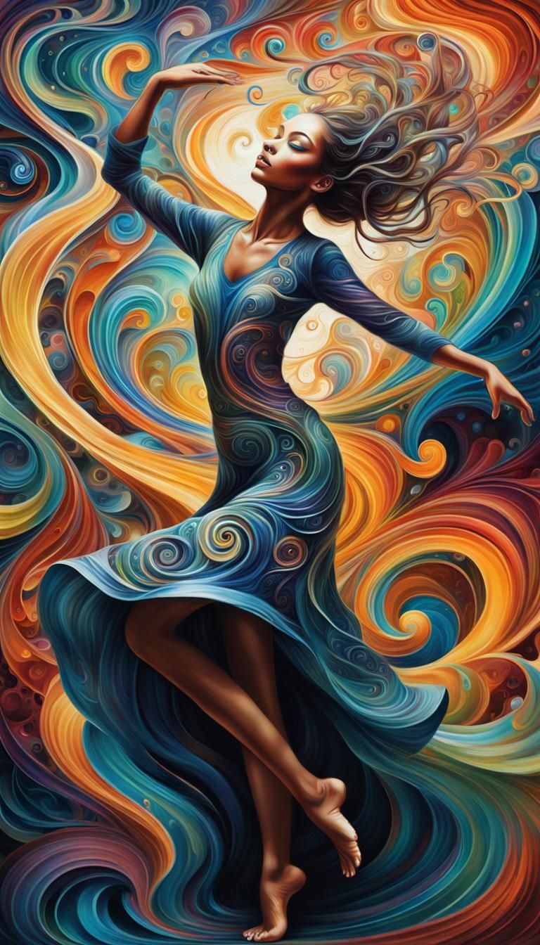 Surreal Dancer in Iridescent Swirls