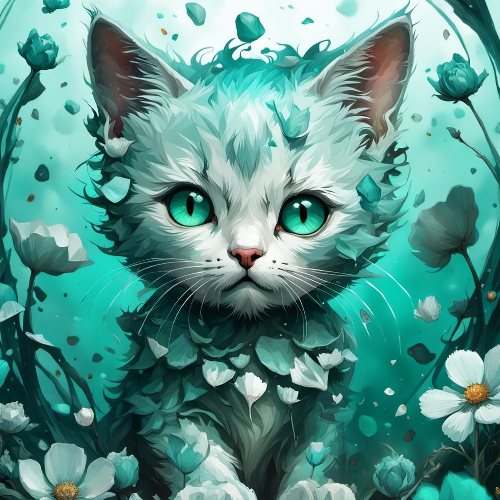 Cute Cat with Flowers in Maximalist Style