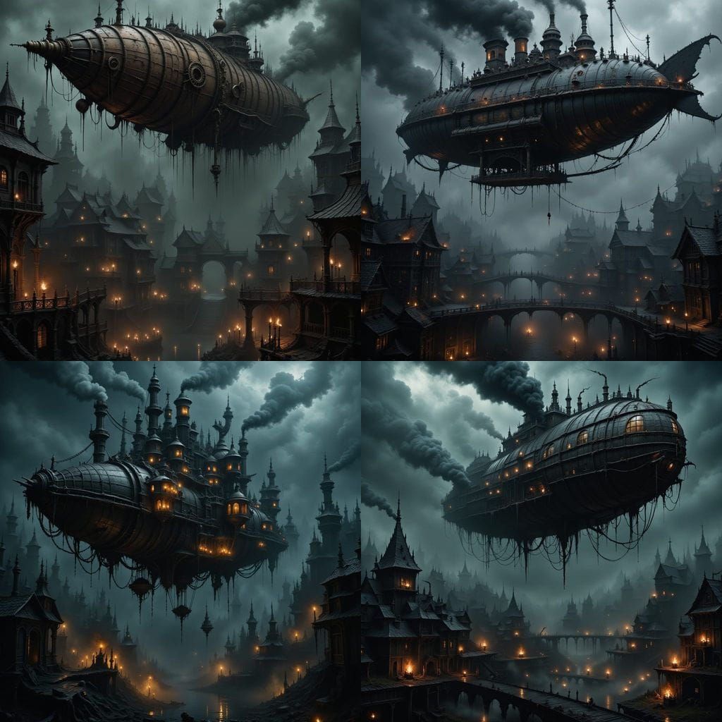 Steampunk Airship Over Gloomy Medieval City