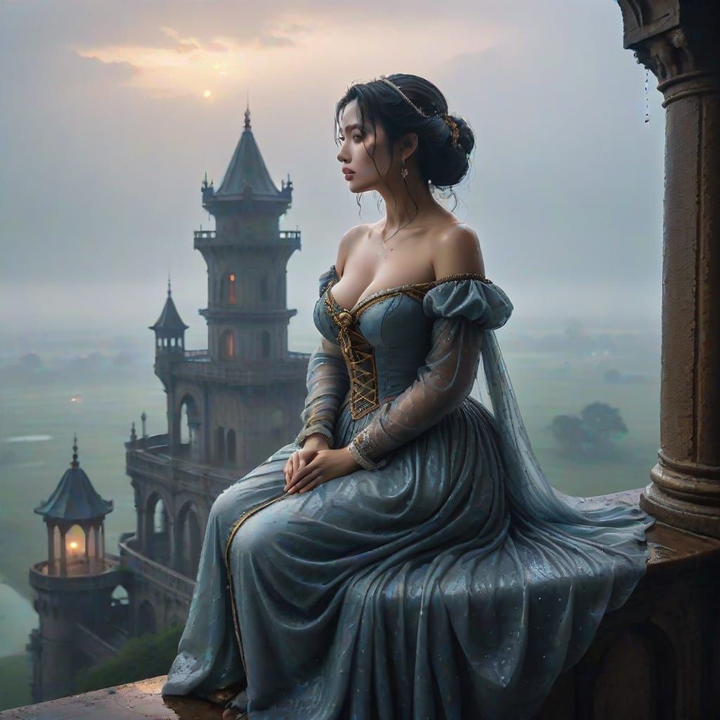 Noble Lady Gazes Over Misty Plains from Rain-Soaked Tower