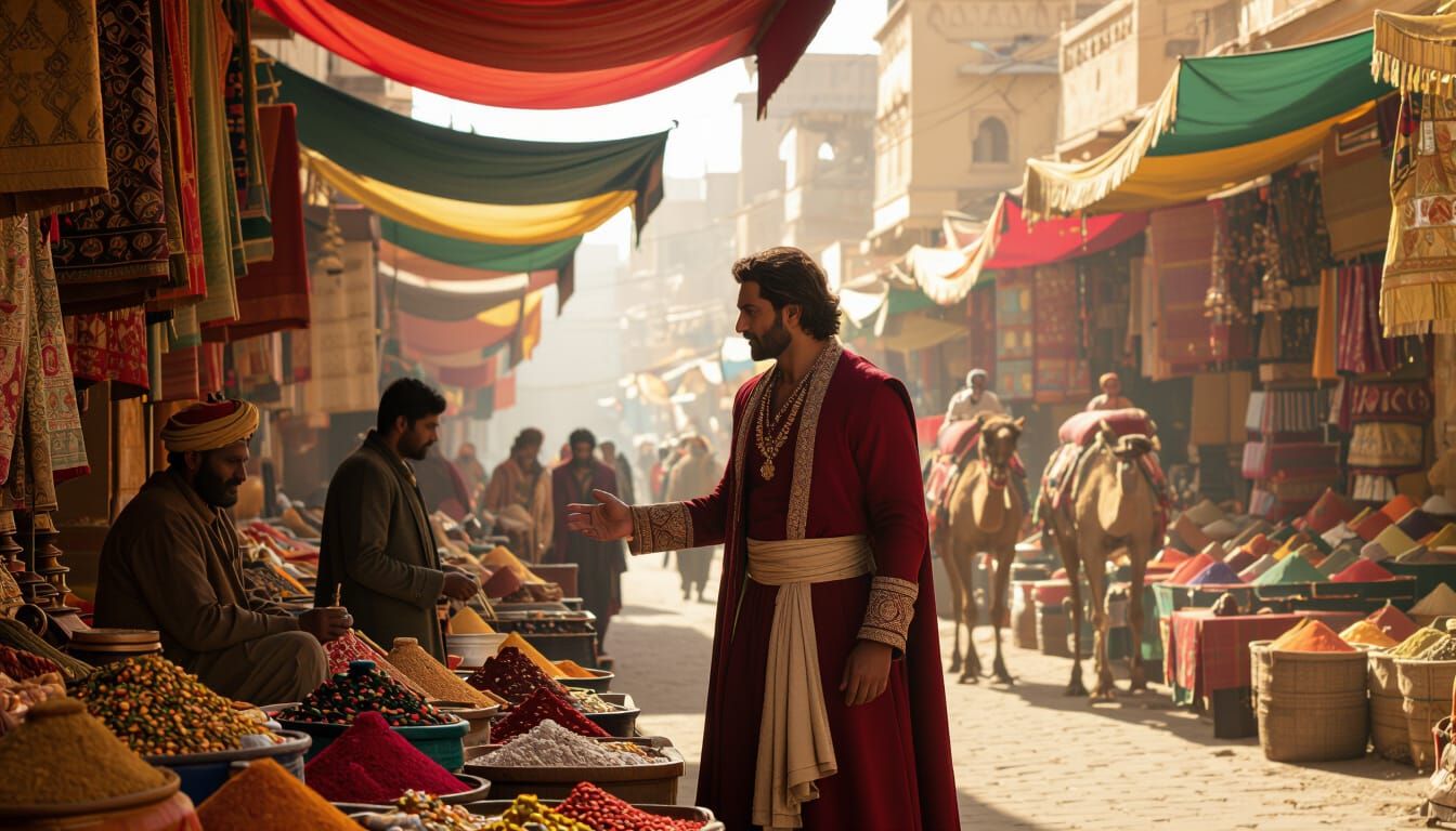 Vikramsen in Vibrant Market Scene with Silk Canopies