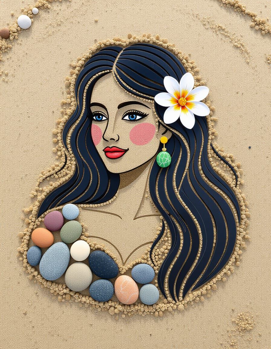 Pebble Portrait of Spanish Woman on Sand