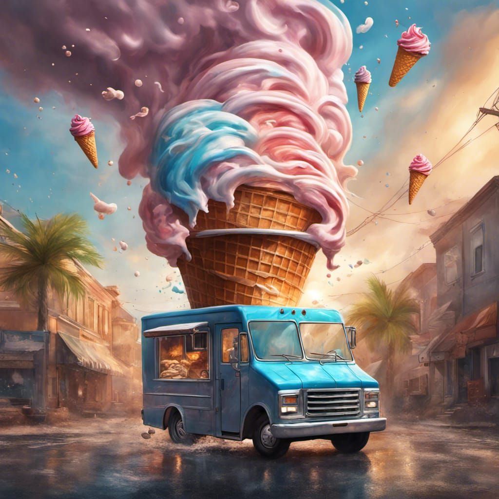 Hyperrealistic Tornado of Flying Ice Cream Trucks