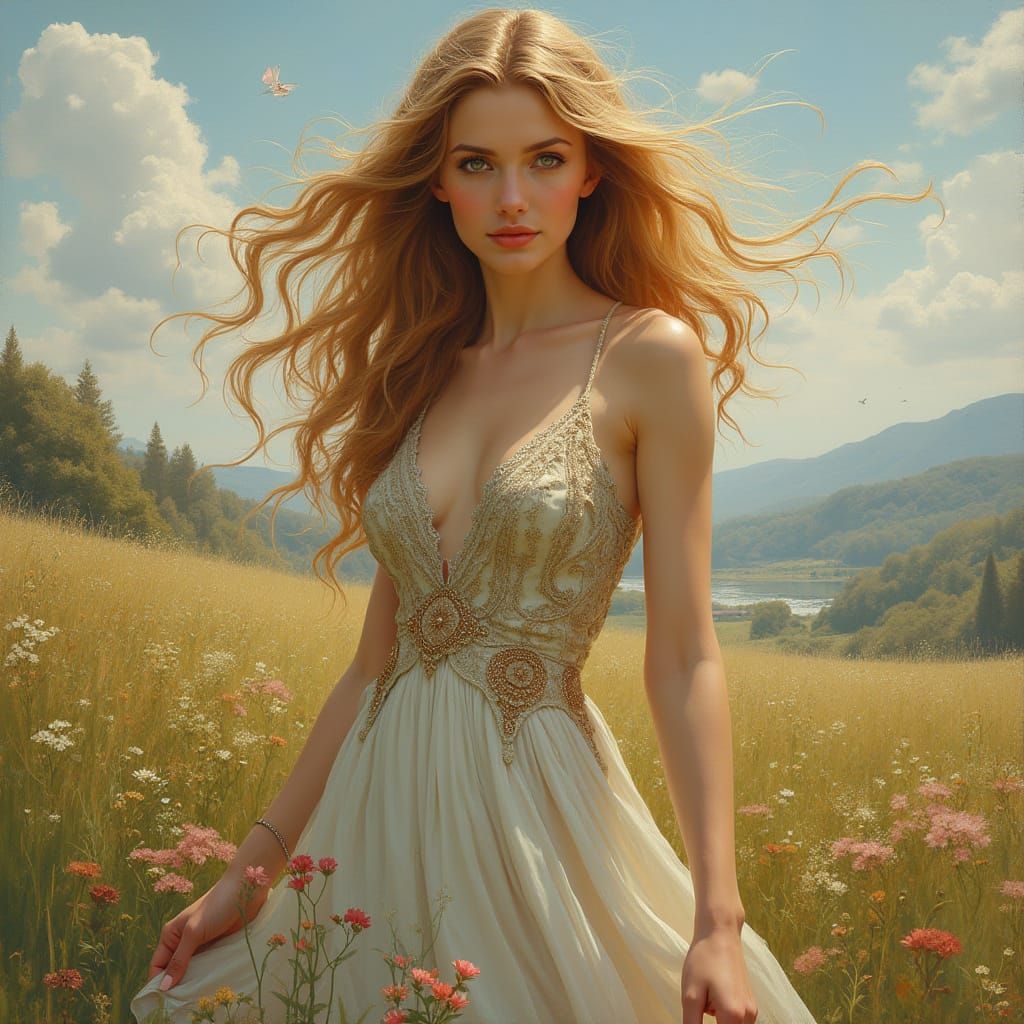 Elegant Woman in Serene Landscape, Art Nouveau Style