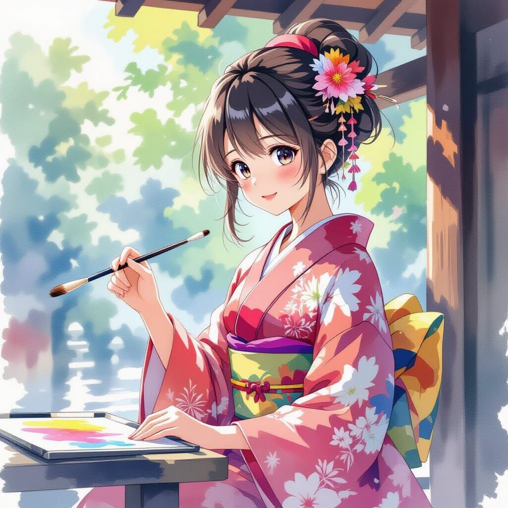 Anime Girl Paints Watercolour Scene in Soft Colours