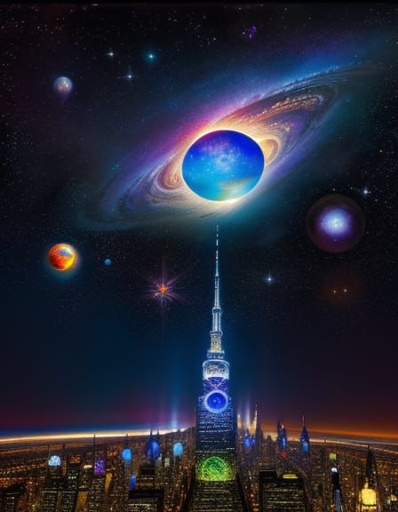 Luminous Stained Glass Cityscape with Nebulae