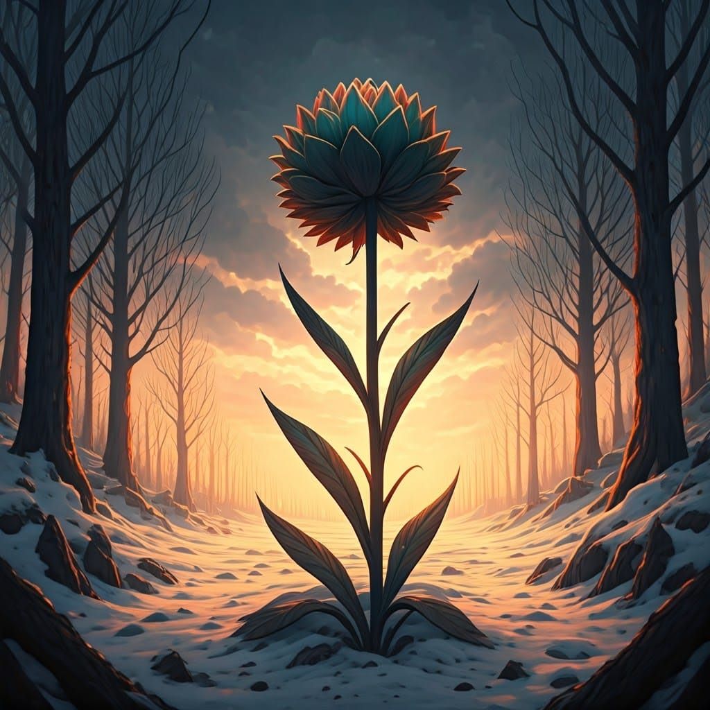 Resilient Flower in Winter Landscape, Dystopian Futurism