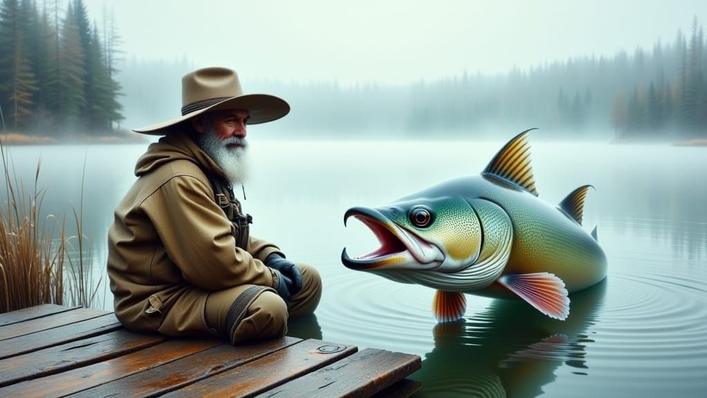 Fisherman and Monster Pike on Foggy Lake