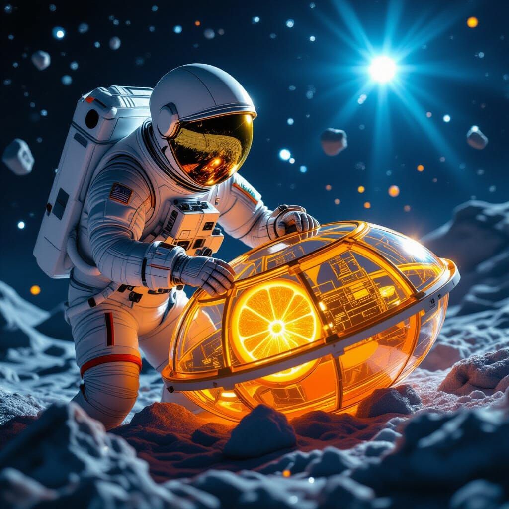 Astronaut Repairs Orange Craft Amidst Citrus Asteroids